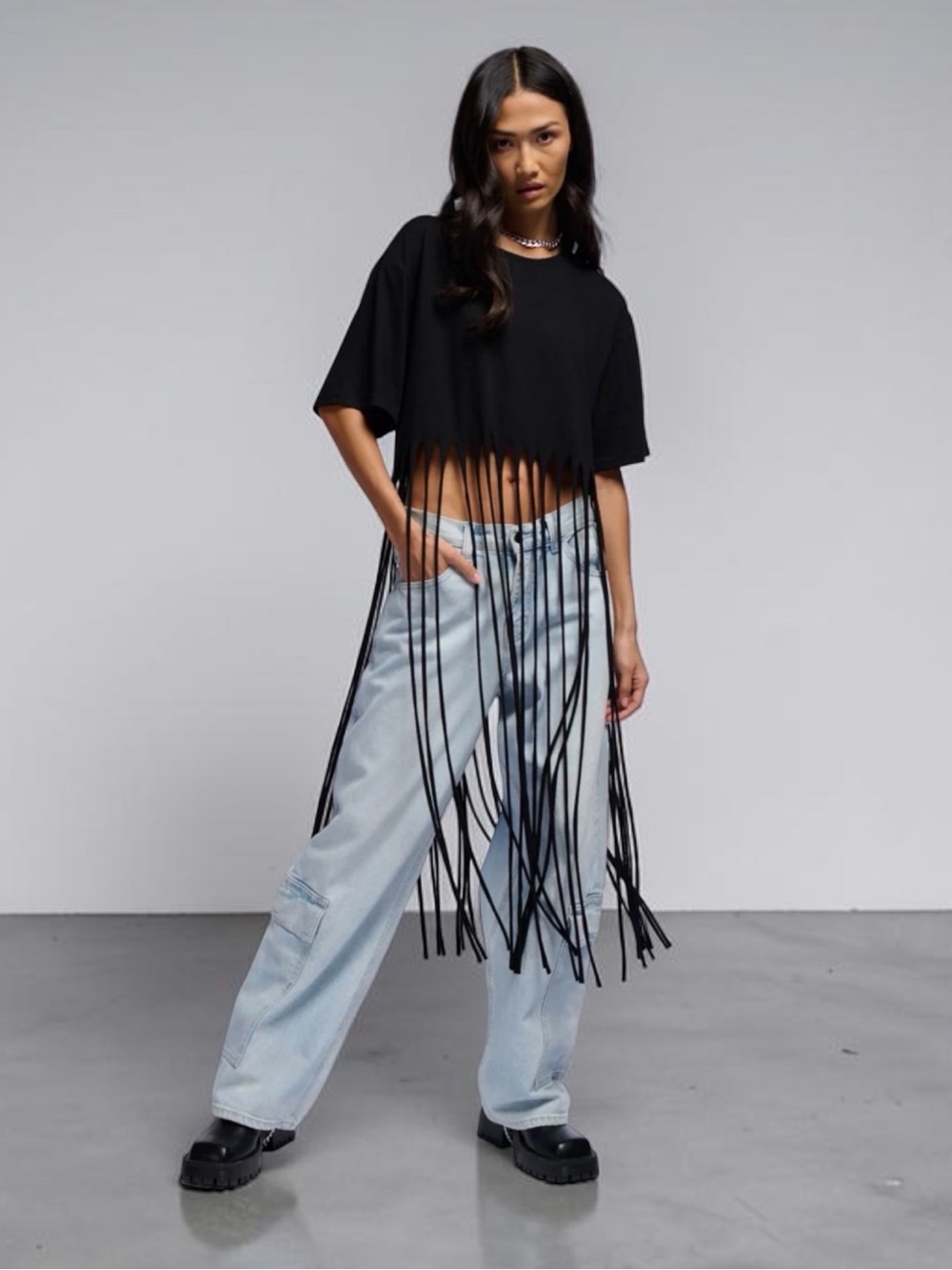 HYFVE Black Fringe Tee Festival Western Boho Cowgirl Long Fringe Top Large